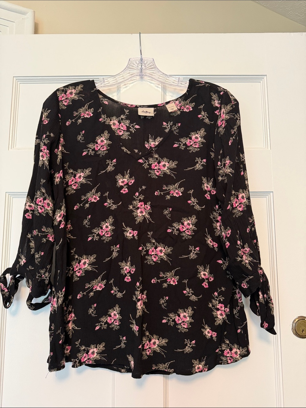 Daytrip Black V-Neck Blouse with Pink Floral Print